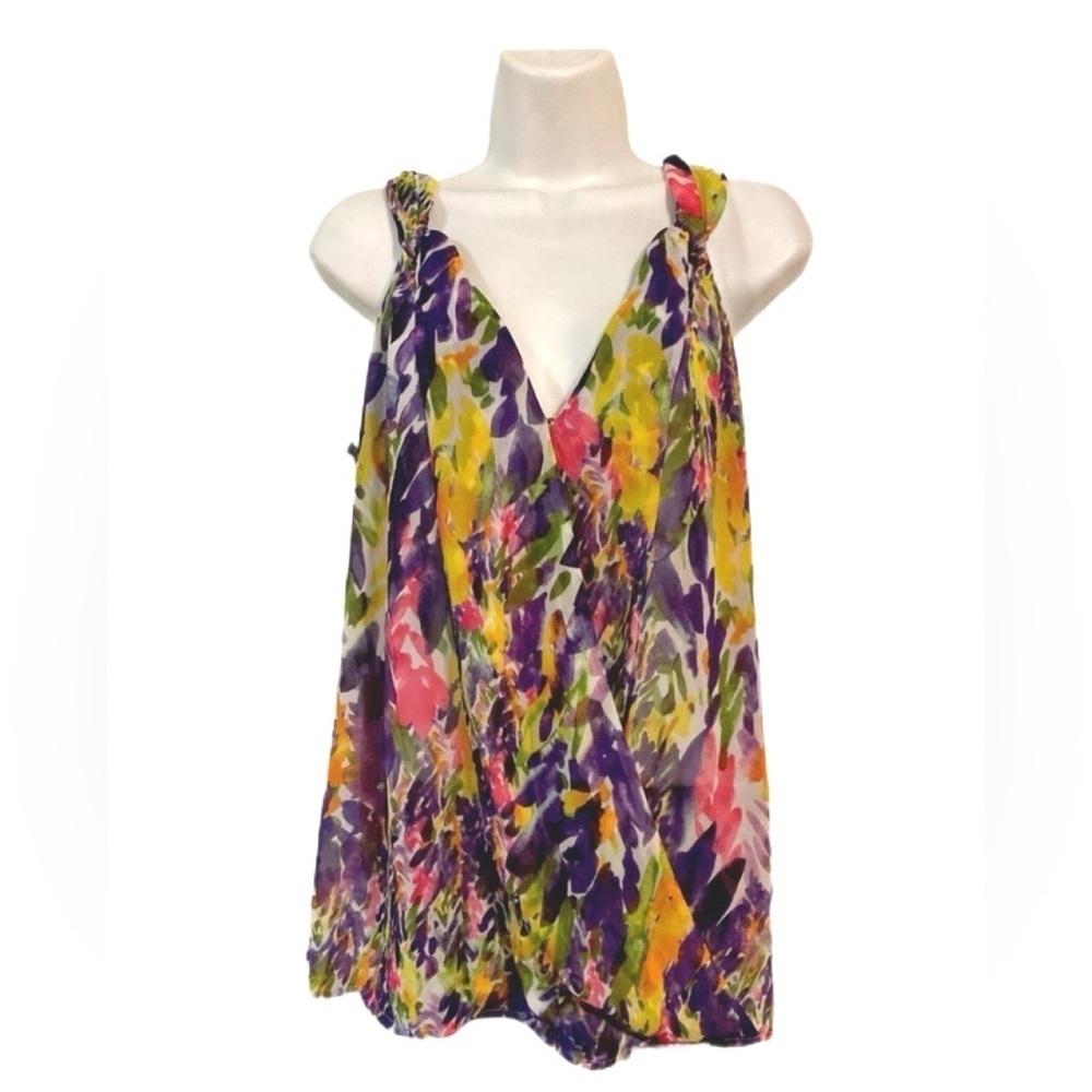 CAbi Floral faux wrap tank Multicolor Sleeveless Women's Top watercolor